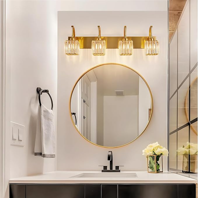 FDPBY Crystal Vanity Lights 4-Light Gold Bathroom Vanity Lights Modern Crystal Bathroom Light Fixtures Over Mirror 32.67" Long Vanity Light for Bathroom