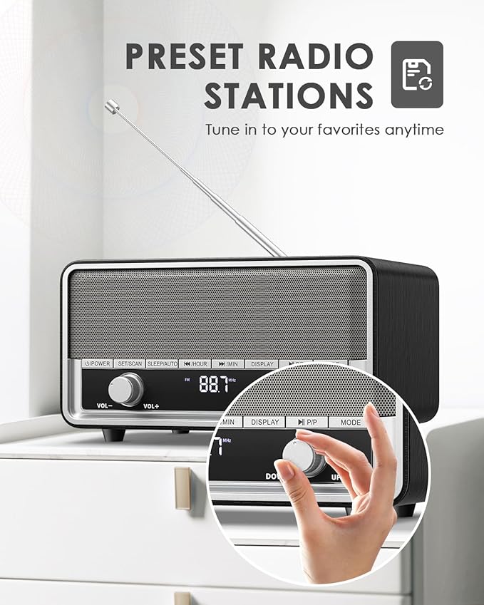 Vintage Wood AM FM Clock Radio with Bluetooth, Digital Clock Radio for Bedroom with LCD Display | 40 Presets | Sleep Timer | No Alarm, Retro Bluetooth Speaker for Office,Home, Kitchen (Black)