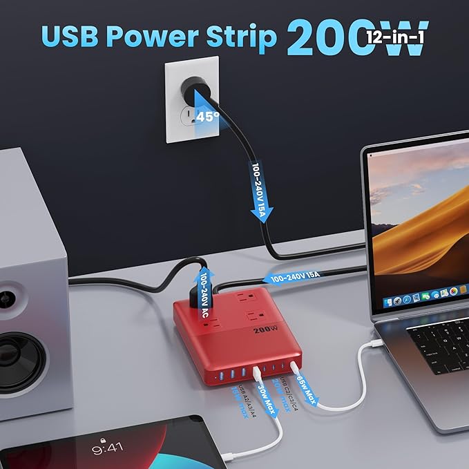 12-in-1 Charging Station USB C Power Strip with 5ft Cord,200W GaN IV USB C Charger Block,4 AC Outlets,8 USB for MacBook,iPhone 16/15/14,Fast Charging Desktop Charger for Office (Red)