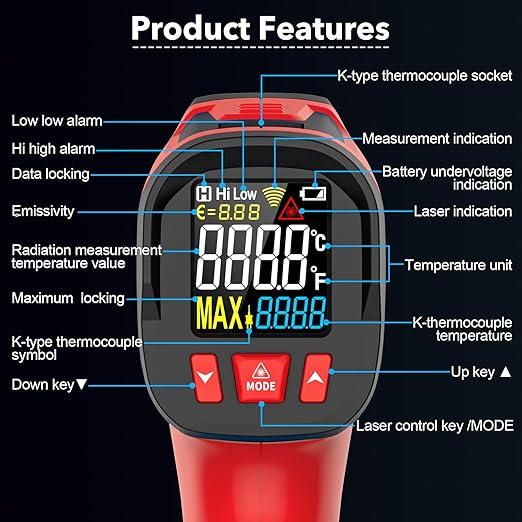Infrared Thermometer Temperature Gun, TEMIRUP Digital IR Laser Thermometer -40°F~1472℉,K-Type Probe -40°F~1202°F, IR Temp Gun for Cooking, Pizza Ovens, Griddles, Meat, HVAC, Home & Industrial