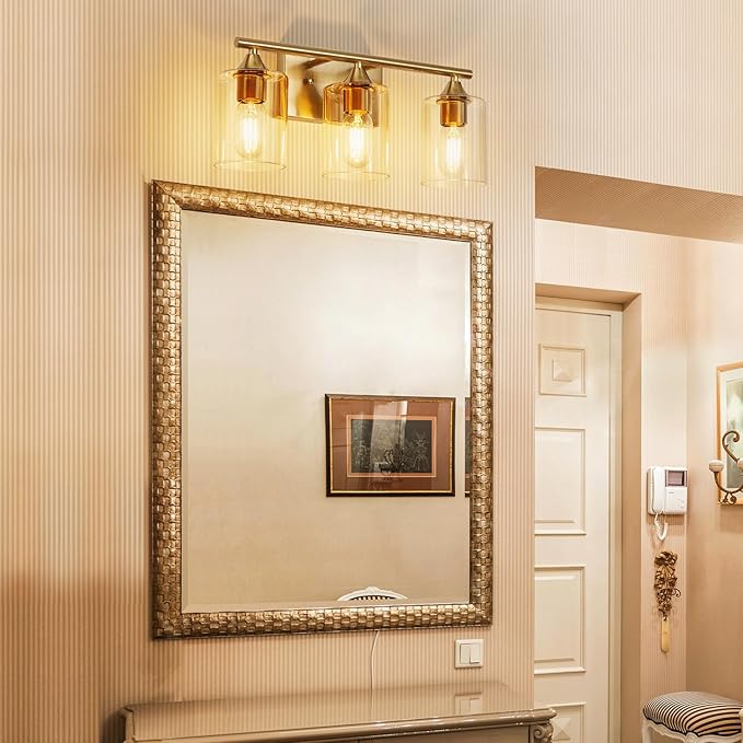 XPEHK Gold Bathroom Light Fixtures,3-Light Vanity Lights,Modern Brushed Brass Gold Wall Sconce Lighting,Bathroom Wall Lamp for Mirror Bedroom Living Room Vanity Table Hallway