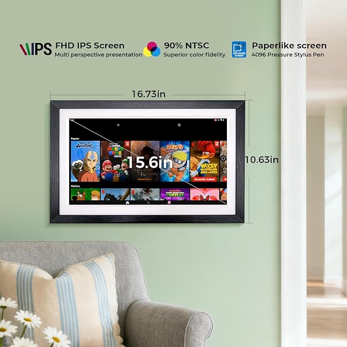 15.6" Digital Google Calendar+Pen,No Subscription|All-in-one Smart Display:Photo Frame,Google Play Apps,Voice Assistant,Home Hub,Streaming|Built-in Battery|Wall&Desk|Anti-Glare Touchscreen|Walnut Wood