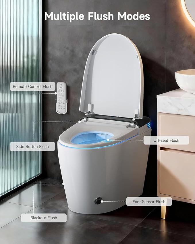WANSID Luxury Smart Toilet with Bidet Built-In,1.28 GPF Elongated One Piece Toilet for Bathroom, Auto Open/Close, Foot Sensor Operation, Heated Bidet Seat, Warm Water & Dryer, Digital Display