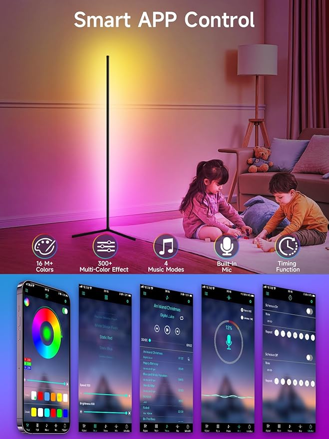 Tyute Corner Floor Lamp, RGB LED Corner Lamp with Music Sync, Smart App and Remote Control Color Changing Ambience Light, 16 Million Colors for Bedroom, Living Room Gaming Room (2pcs)