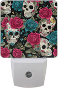 Pigsaly Led Night Light Halloween Sugar Skulls Pink Blue Roses Night Light Plug in Wall Lamp Smart Dusk to Dawn Sensor Nightlight Led Lamp Energy Saving Lights Gift for Kids Room Bedroom Bathroom Hal