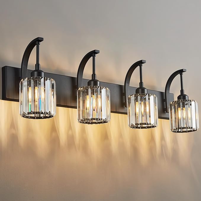 FDPBY 4-Light Crystal Vanity Light, Modern Black Bathroom Wall Sconce with K9 Crystal Shades, 32.67" Long Over Mirror Lighting for Vanity, Makeup, Hallway, Elegant & Easy Install
