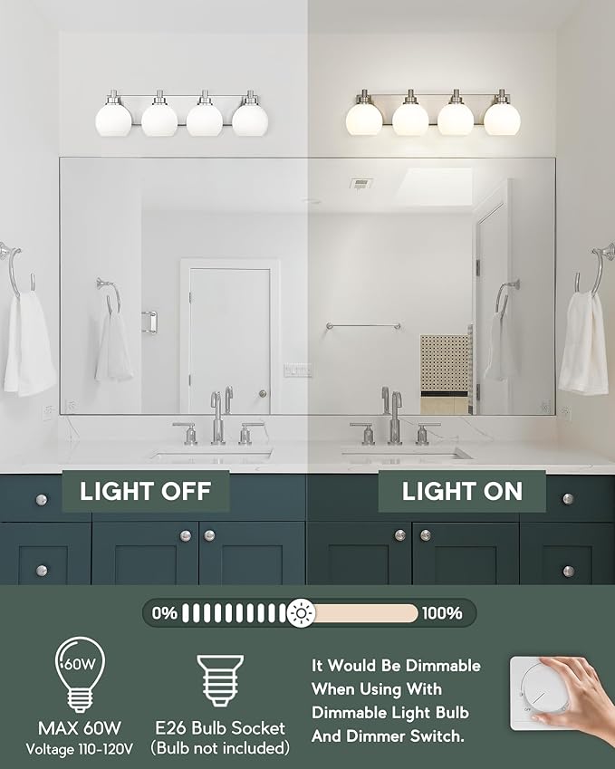 METWET Bathroom Light Fixtures, 4 Light Brushed Nickel Vanity Light, 26 Inch Modern Wall Sconces with Globe Milk White Glass Shade, Vanity Lighting Fixtures Over Mirror, VL195-BN-ML-4