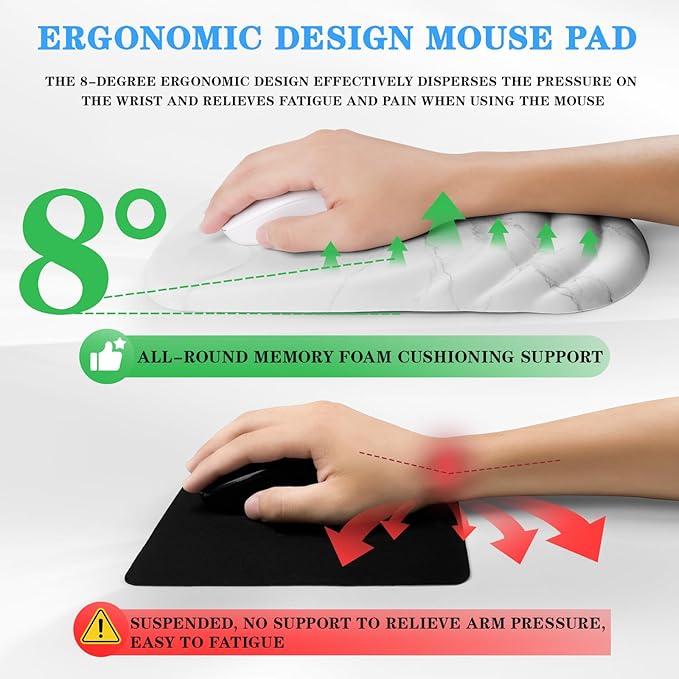 Mouse Pad Wrist Wrist Rest, Comfortable Memory Foam Wrist Rest, Non-Slip PU Base, Ergonomic Wrist Support and Arm Rests for Gaming, Office, Computer Use, Relieve Typing Pain （White Marble）
