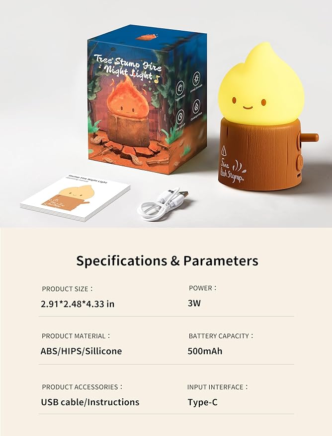 Tarinks Stump Fire Night Light, Flameless Candles Lamp, Torch Stump Light, Rechargeable Silicone Flame lamp, Cute Night Light for Bedroom, Outdoor, Camp, Funny Gifts for Kids Teens Adults