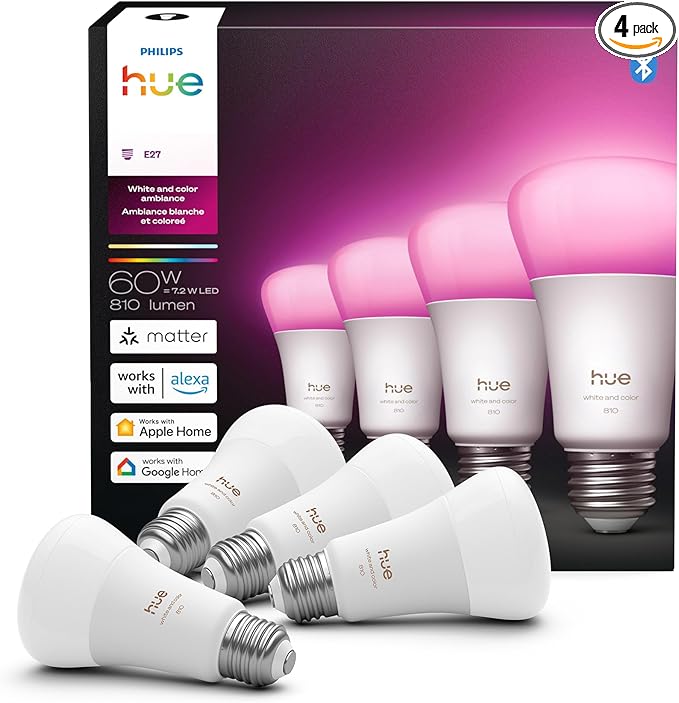 Philips Hue Smart LED A19 Bulb 4-Pack, White Color Ambiance, E26 Base, 7.2W, Full Spectrum Light 1000K-20000K, 810 Lumens, Dimmable, Works with Alexa, Google,& Apple Home