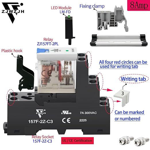 UL Listed 6 Pcs 8-Amp Electromagnetic Relay 24V DC Relay DPDT 2NO 2NC 8Pin Socket Base with Indicator Light Module and Test Button