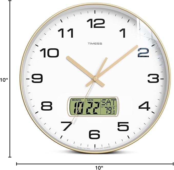 TIMESS Wall Clock, 10" Dial Non-Ticking Silent Battery Operated Analog with LCD Display for Perpetual Calendar and F° Temperature, Ideal Modern Home, Bedroom, Kitchen, Office Decor (Gold)