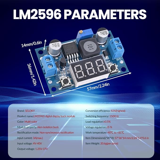 Seloky LM2596 Adjustable DC-DC Step-Down Buck Converter Module with LED Voltmeter Display, Voltage Regulator 4.0-40V Input to 1.25-37V Output Power Supply Module (Pack of 6)