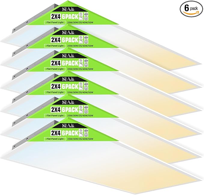 SLAclite 6 Pack 2x4 LED Flat Panel Light 50/40/35/30/25W 6500lm Adjustable, 0-10V Dimmable LED Flush Mount Ceiling Light Fixtures, 2.7K/3K/3.5K/4K/5K Selectable for Office Kitchen Garage - ETL Listed