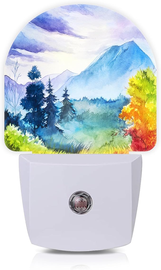 Axxitude Watercolor Mountain Forest Night Lights Plug into Wall for Girls Boys Room,Night Light LED Lamp Dusk to Dawn Sensor Round Lamp for Bedroom Bathroom Hallway Home Wall Decor Nightlight