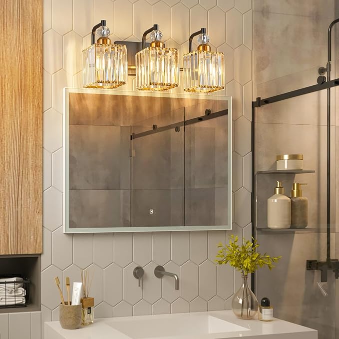 BBLLWJ Bathroom Vanity Lights 3-Light Bathroom Light Gold Brushed Brass Finish Crystal Vanity Light Fixtures Modern Black and Gold Bathroom Light Fixtures Over Mirror