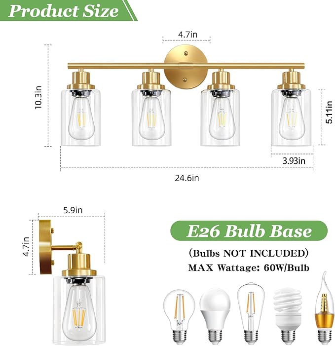 Guliaofo 4-Light Gold Bathroom Light Fixtures, E26 Modern Vanity Lights for Bathroom with Clear Glass Shade, Wall Lamps for Mirror Hallway Kitchen Cabinet Living Room Sconces Lights