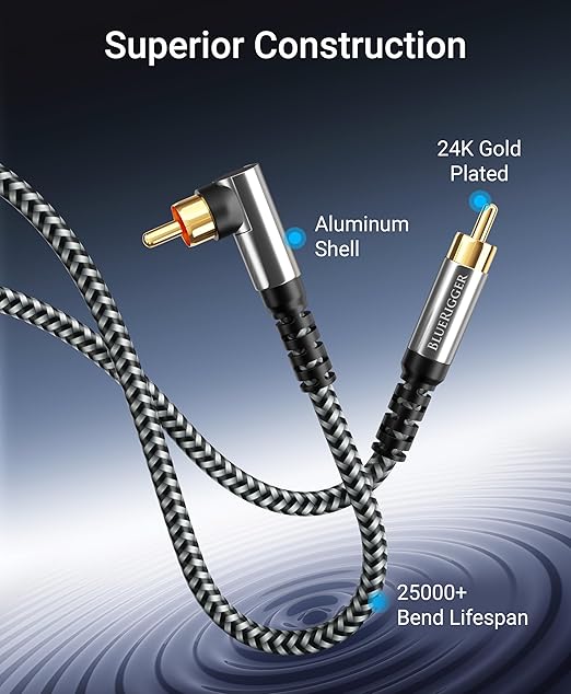 BlueRigger Subwoofer Cable 90D (15FT, RCA Audio, Dual Shielded, Gold Plated, Right Angled Male RCA Connectors) – Compatible with Subwoofer, Amplifier, Home Theater