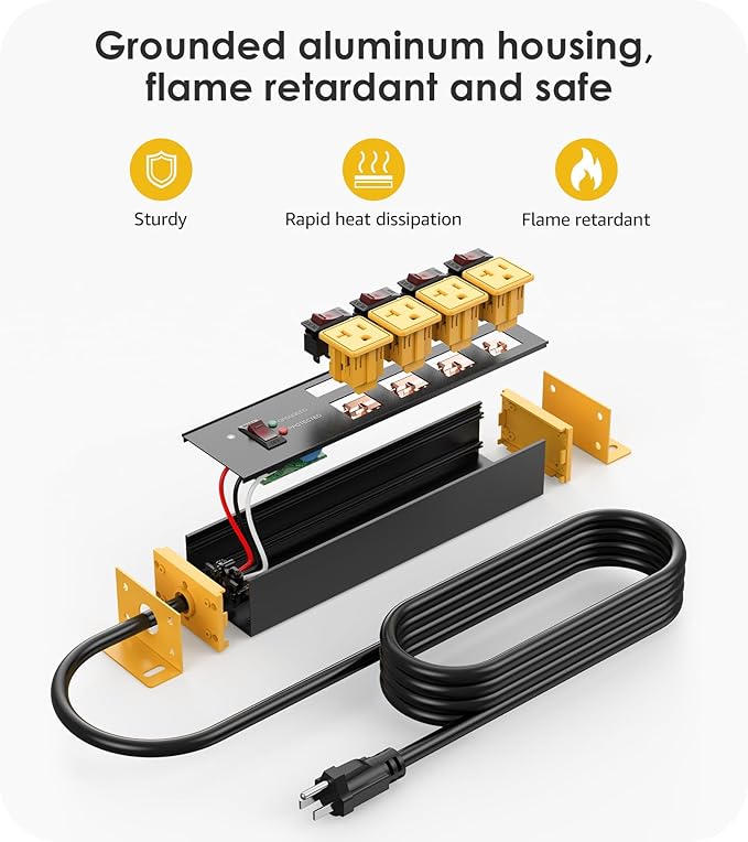 CCCEI Heavy Duty Surge Protector Power Strip 20 Amp Individual Switches. 25FT 12 Gauge Extension Cord with Multiple Outlets. Kitchen, Garage, Shop, Industrial Wall Mount Electric Extender, Yellow.