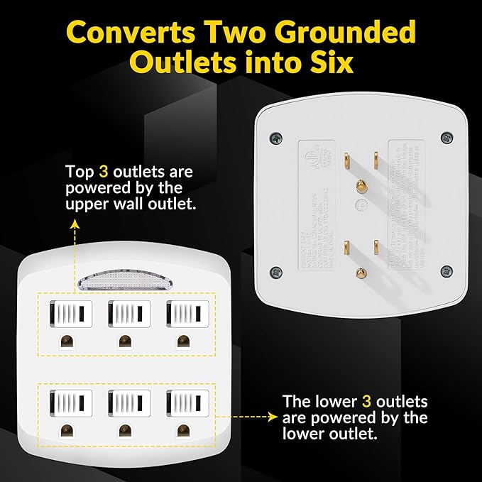 6-Outlet Extender, 3-Prong Ground Wall Tap Adapter with Safety Cap & LED Guide Light, Cruise Essentials, Multiple Plug Electrical Outlets Splitter for Home, Office, Dorm Room, ETL Listed, White