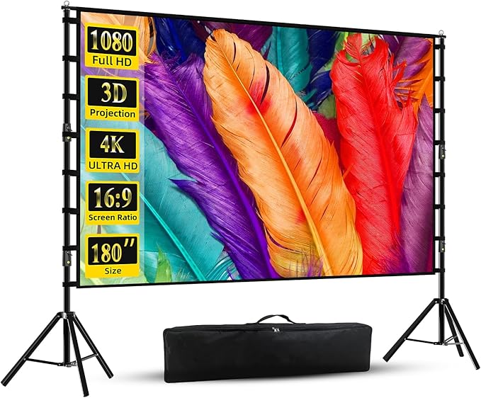 Projector Screen with Stand, Wootfairy 180 inch Portable and Foldable Projection Screen 4K HD 16:9 Rear Front Wrinkle-Free Movie Screen with Carry Bag for Indoor Outdoor Home Theater Backyard Cinema