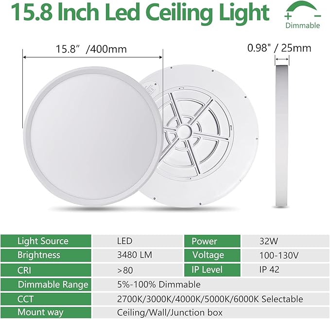 15.8 Inch Dimmable LED Flush Mount Ceiling Light, 32W, 3480LM, 3000K/3700K/4000K/5000K/6000K, Round Flat Panel Low Profile Ceiling Light Fitures for Hallway, Kitchen, Bedroom, 4PK White