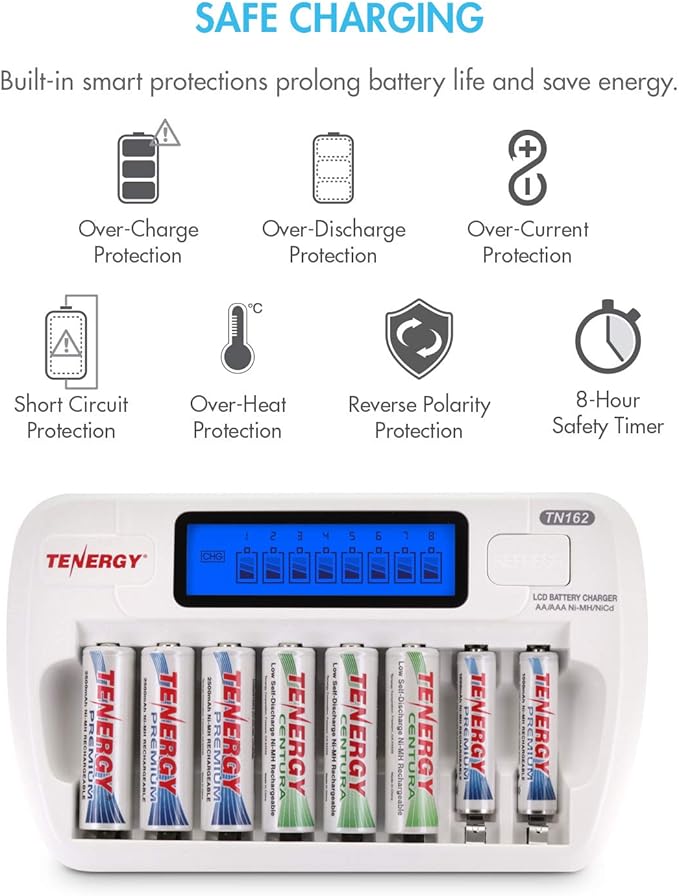 Tenergy AA and AAA Battery Charger Bundle - TN162 8 Bay Smart LCD NiMH/NiCd Charger With 4 Pack AA & 4 Pack AAA Centura (LSD) Rechargeable Batteries