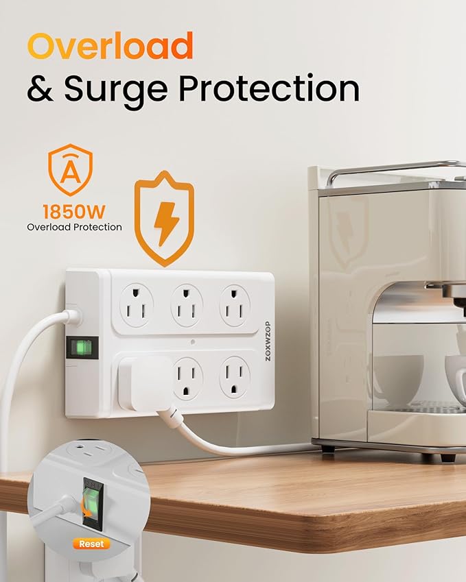 Zoxwzop Surge Protector Power Strip – 10FT Extension Cord with 12-Outlet 4 USB-A & 2 USB-C Ports, 1850W/15A, Flat Plug, Wall Mountable – ETL Listed for Home, Dorm Room
