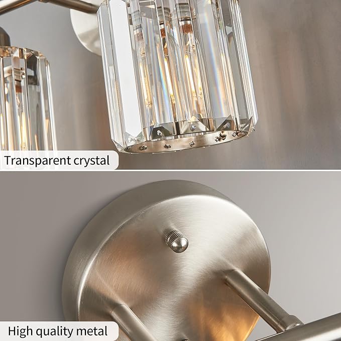 FDPBY Modern 2 Light Crystal Vanity Light, Brushed Nickel Vertical Bathroom Light Fixture Over Mirror for Dressing Table Sink, Compatible with Dimmable Bulbs (Bulbs Not Included)