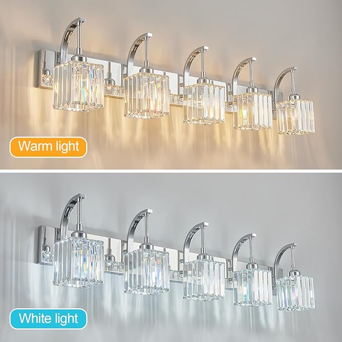 FDPBY Crystal Vanity Lights 5-Light Chrome Bathroom Vanity Lights Modern Crystal Bathroom Light Fixtures Over Mirror 42.51" Long Vanity Light for Bathroom