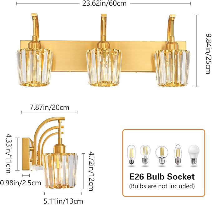 FDPBY Modern Bathroom Vanity Light, 3-Light Gold Wall Sconce with Crystal Accents, Over Mirror Bathroom Lighting Fixture, 23.62" Long Dimmable Vanity Lamp for Makeup, Easy Installation