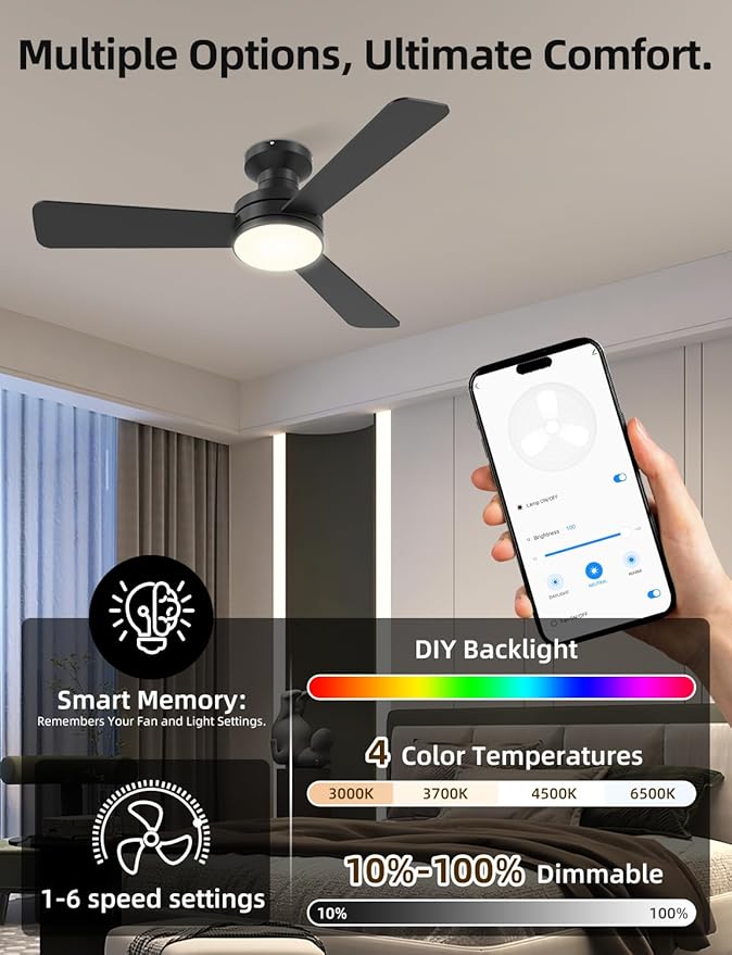 Homlit 42" RGB Ceiling Fan with Light, Music Sync Smart Fan with Alexa/Google/App Control, Low Profile Flush Mount, 6-Speed Quiet DC Motor, 4 CCT Dimmable Lighting for Bedroom Living Room, Black