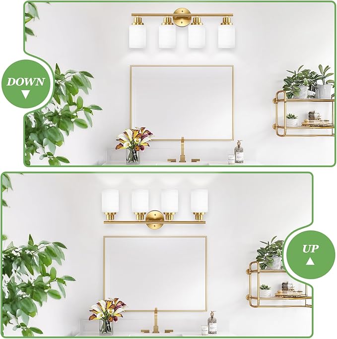 Guliaofo 4-Light Vanity Lights, Brushed Gold Bathroom Light Fixture with Striped Textured Milky White Glass Shade, Modern Vanity Lighting Fixture for Bathroom Wall Light Over Mirror, E26 Wall Sconce
