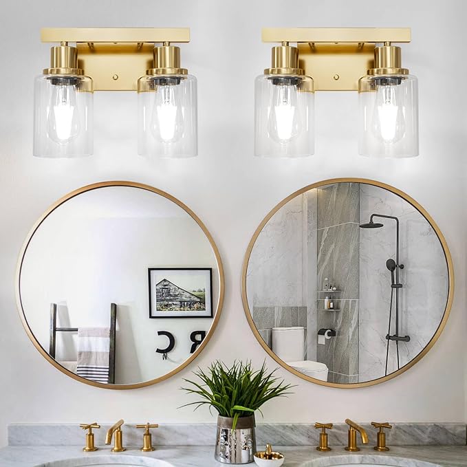 DIKAIDA 2-Light Brushed Gold Vanity Lights for Bathroom, Brushed Gold Bathroom Light Fixtures, Modern Vanity Lighting Over Mirror with Clear Glass Shade, Farmhouse Bath Wall Lamp for Mirror