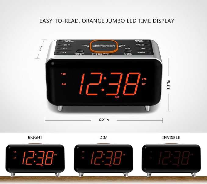 Emerson CKS1521-A SmartSet Bluetooth Dual Alarm Clock Radio with 1.4” Orange LED Display, Auto Time-Set, USB Phone Charger, FM Radio, AUX Input, Auto-Dimmer & Orange Accent Light