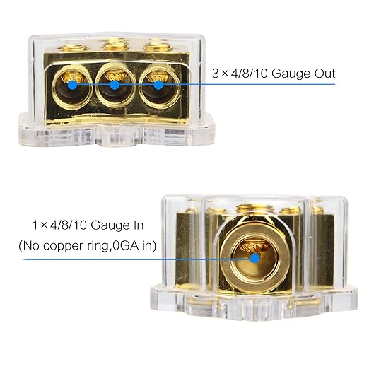 RKURCK 3 Way Copper Power Distribution Block, 0/2/4 AWG Gauge in, 4/8/10 Gauge Out, Car Audio Stereo Amp Distribution Connecting Block for Audio Splitter (1x0GA+3x4GA Copper)