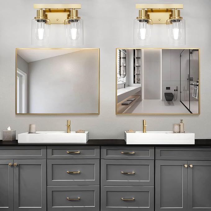 DIKAIDA 2-Light Brushed Gold Vanity Lights for Bathroom, Brushed Gold Bathroom Light Fixtures, Modern Vanity Lighting Over Mirror with Clear Glass Shade, Farmhouse Bath Wall Lamp for Mirror