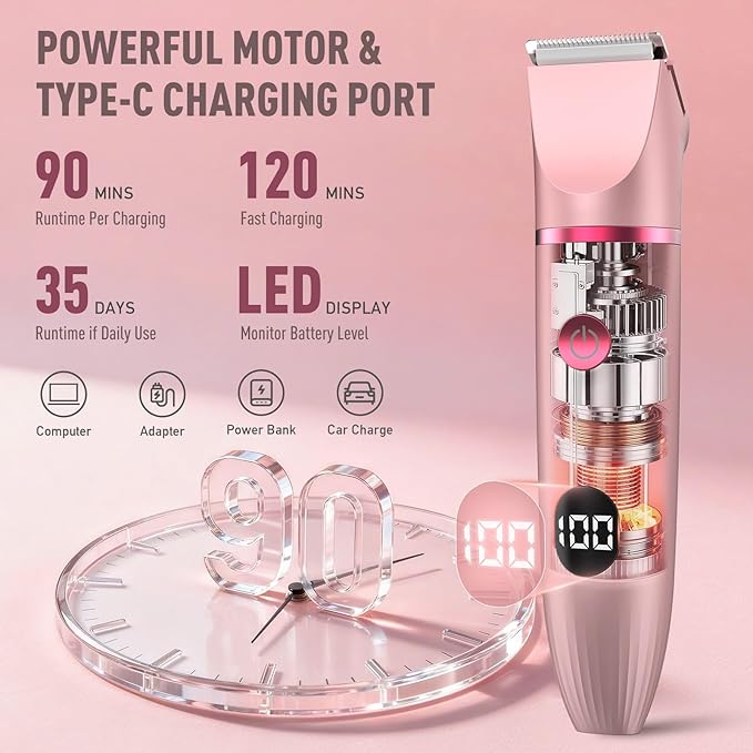 Crolanli Bikini Trimmer for Women, 3-in-1 Electric Razor for Women, IPX7 Waterproof Rechargeable Cordless Pubic Hair Shaver, with LED Display, for Ladies Bikini Pubic, Face, Underarms, Legs(Rose Gold)