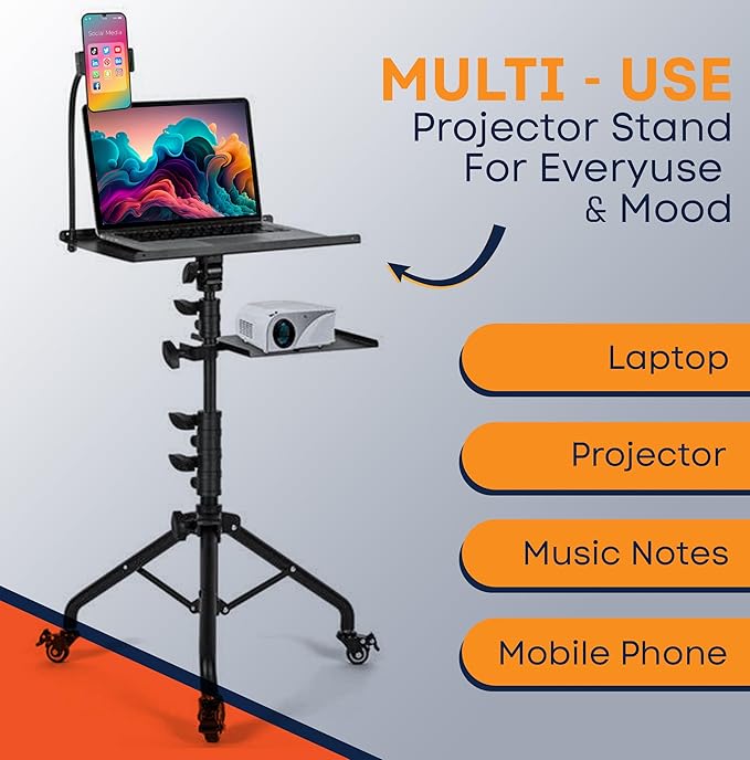 Prozipy Laptop & Projector Tripod Stand Adjustable Height 26 to 51” Wheely Portable Laptop Stand With Gooseneck Phone Holder - For Movie, Meeting, Book, DJ Equiqment