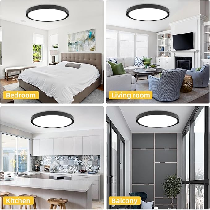 RLEDPZTX Led Flush Mount Ceiling Light,16 Inch 32w 3480lm,3000k/4000k/6000k 3CCT Selectable, Round Modern Flat Panel Super Slim Led Ceiling Light,for Living Dining Kitchen Bedroom Room (2Pack-Black)