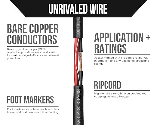 Voltive 14/2 Speaker Wire, Riser CL3R, Black, 500ft - 14AWG, 2 Conductors, Stranded Oxygen-Free Copper, UL Listed - V-1268-1