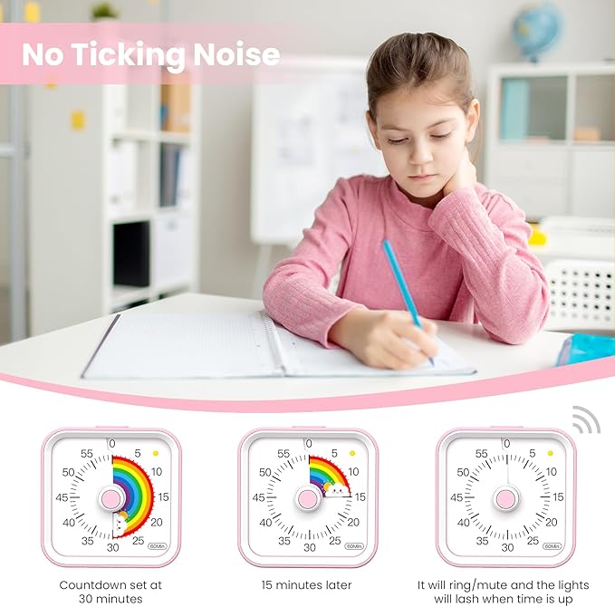 InfPokid Visual Timer for Kids with Pause Function, Cute Silent Timer with Rainbow for Classroom, Teaching, Task, Kitchen, 60 Minute Countdown Time Management for ADHD (Rainbow Pink)