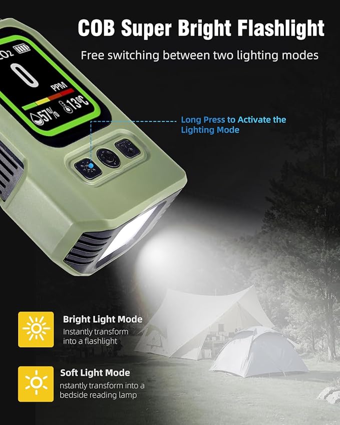 3-in-1 Portable Carbon Monoxide Detector.Visual Alarm for Camping,Travel,RV.More Than 300H Standby . Equipped With a Flashlight, Magnetic Back and Hook.Featuring CO, Temperature and Humidity Sensors
