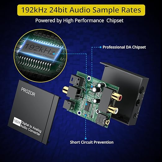 PROZOR 192KHz Digital to Analog Audio Converter, DAC Optical to Analog L/R RCA 3.5mm Converter, Digital SPDIF Toslink Optical to 3.5mm Jack Adapter for PS3 HD DVD PS4 Amp Apple TV Home Cinema