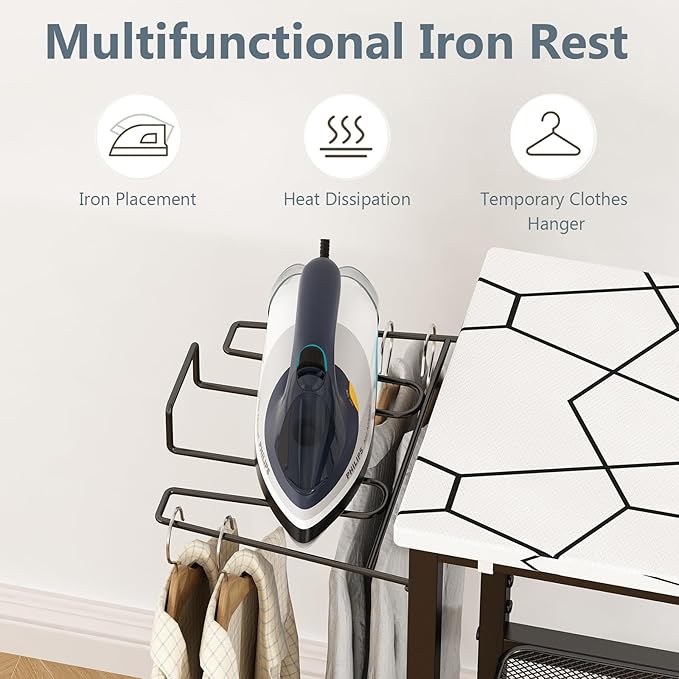 GILLAS Ironing Board with 2 Tier Storage Basket, Movable Ironing Board Full Size for Iron Rest & Clothes, Tabletop Ironing Boards, Ironing Stand Iron Boards Ironing Table Rustic, White