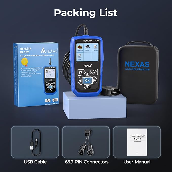 NEXAS Heavy Duty Truck Scanner NL102 Full System Diesel Truck Scan Tool for Cummins, Isuzu, Freightliner, Caterpillar, Detroit, Peterbilt, 2-in-1 Code Reader Read & Clear Fault Codes for Truck & Car