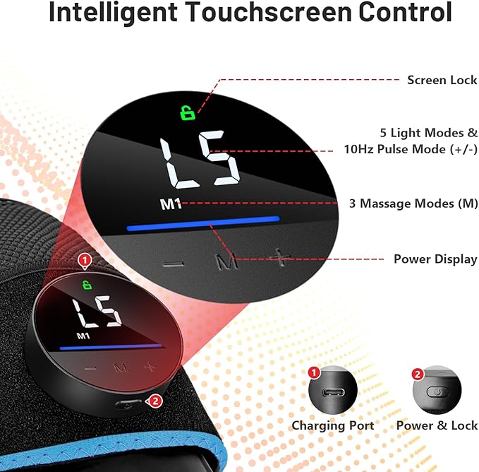 ROMISA Red Light Therapy Knee Brace & Vibration Knee Massage, 660nm & 850nm Rechargeable Near Infrared Light Therapy Device for Knee/Elbow/Shoulder for Cordless Use, Blue.