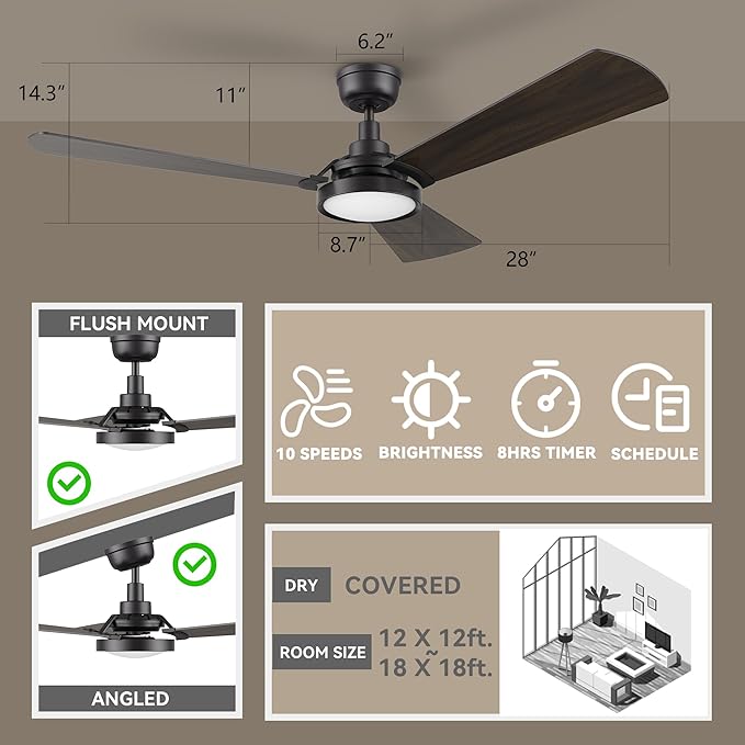 SMAAIR 56inch Smart Wifi Ceiling Fans with Dimmable LED Lights and Remote, Compatible with Alexa/Google Home/Siri/APP, Outdoor DC Fans with 10 Speeds, Timer/Schedule,Walnut