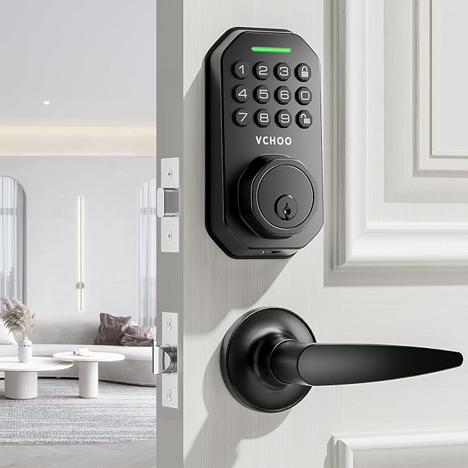 VCHOO Keyless Entry Door Lock Set Smart Locks for Front Door Keypad Door Lock with Handle Auto Lock One Time Password Anti Peeping Password IP54, Black