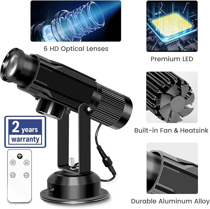 Laulgpoha 30W Logo GOBO Projector, HD LED Light for Business, Dual Cooling System, DJ Effect Light Projector with Free Glass Lens and Remote Control, Rotational, for Indoor Use